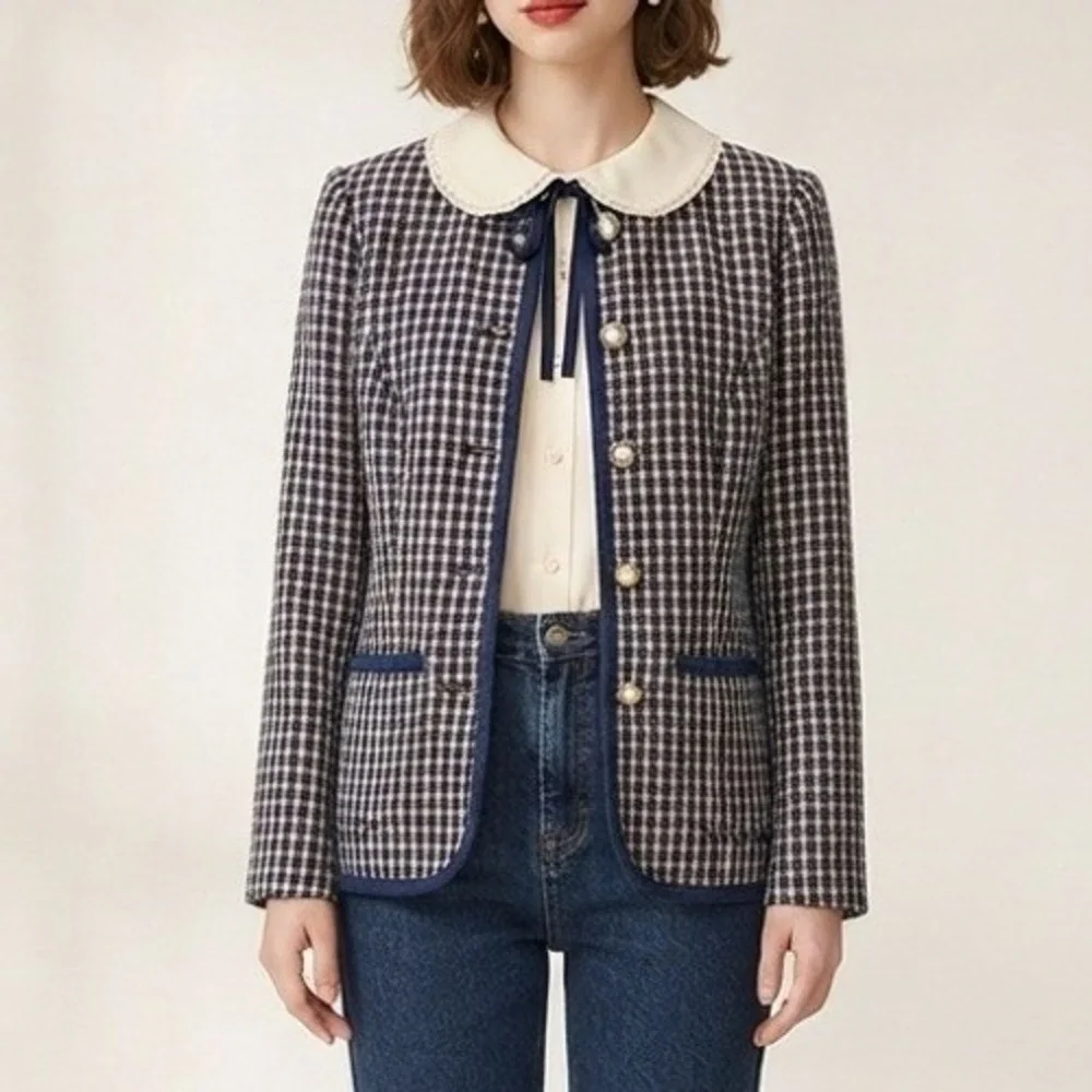 vintage tweed blazer navy plaid pearl button twee coquette academia 6p office